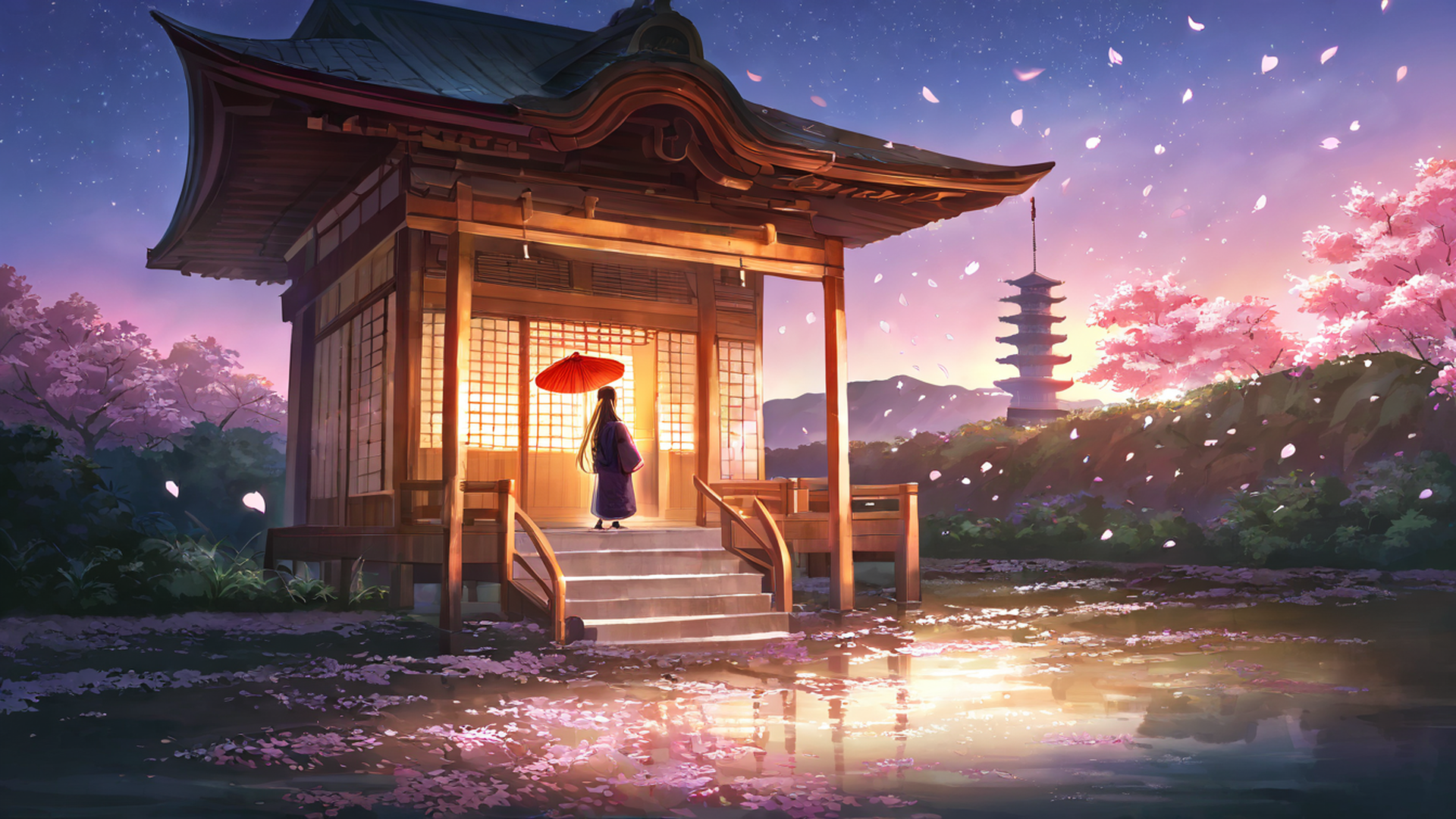 girl sakura umbrella lofi wallpaper