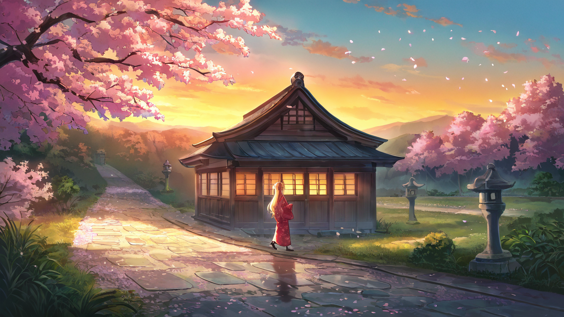 girl sakura umbrella lofi wallpaper