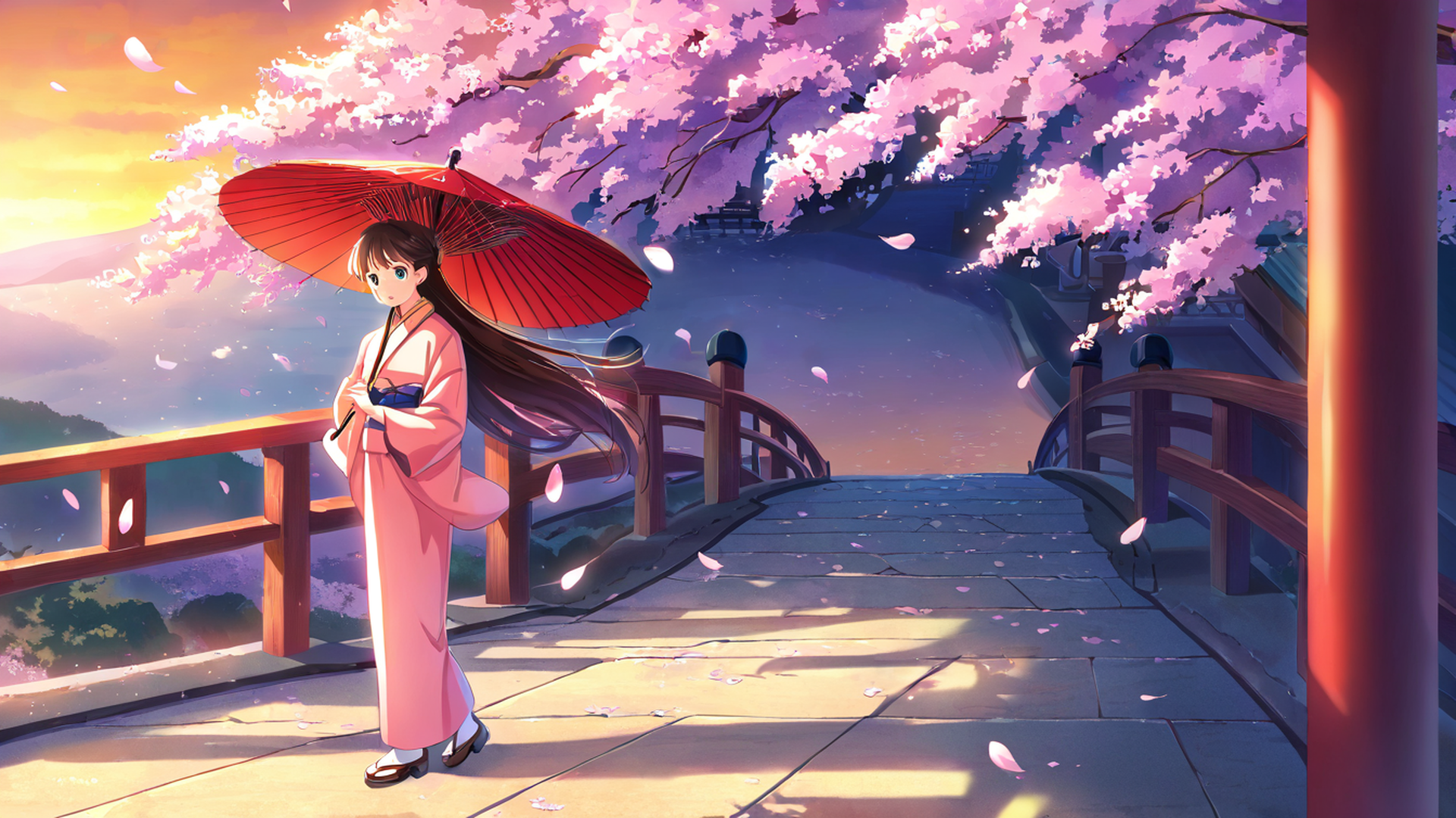 girl sakura umbrella lofi wallpaper