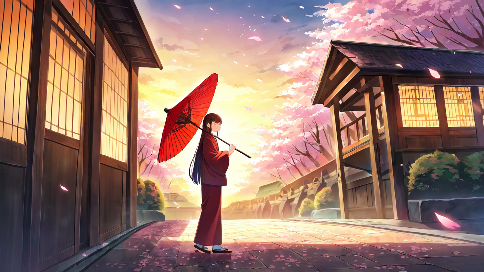 girl sakura umbrella lofi wallpaper