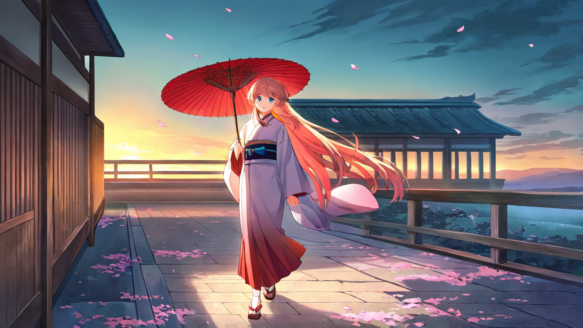 girl sakura umbrella lofi wallpaper