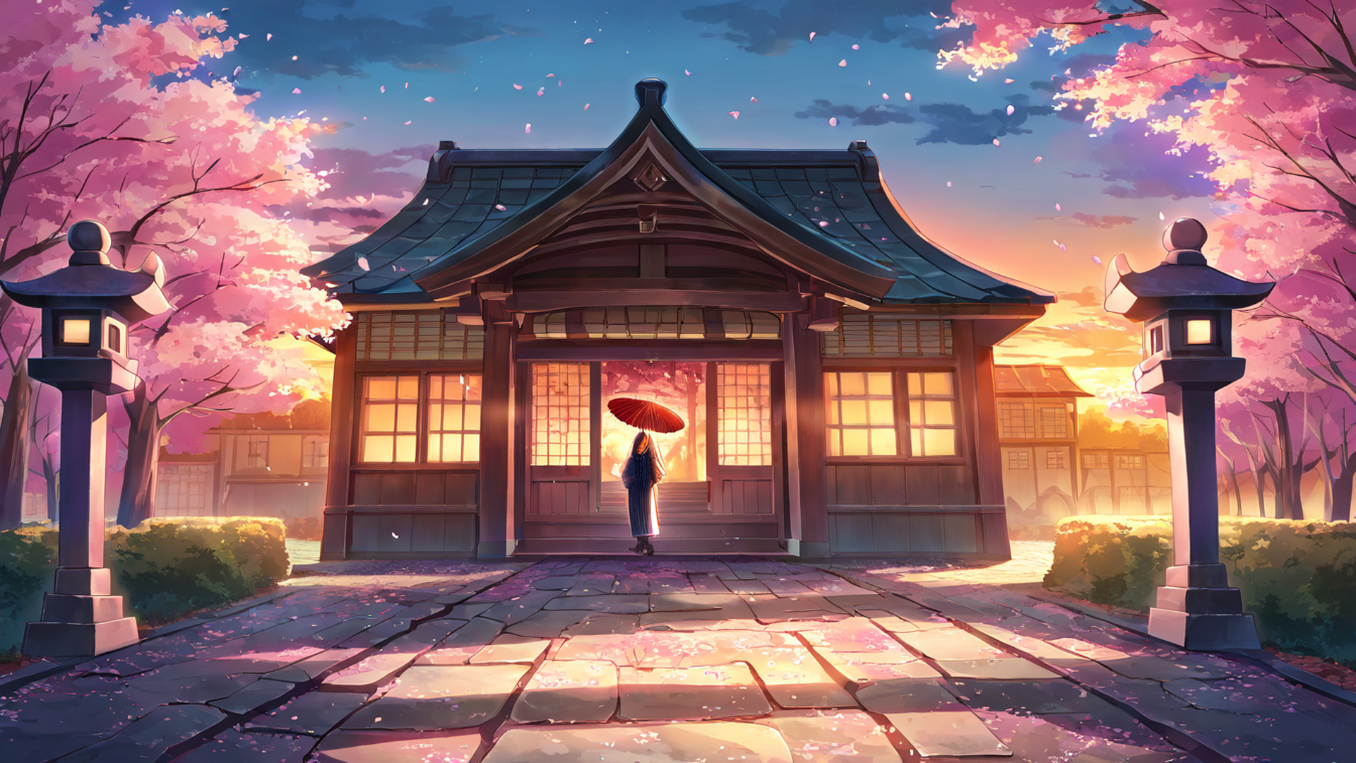 girl sakura umbrella lofi wallpaper