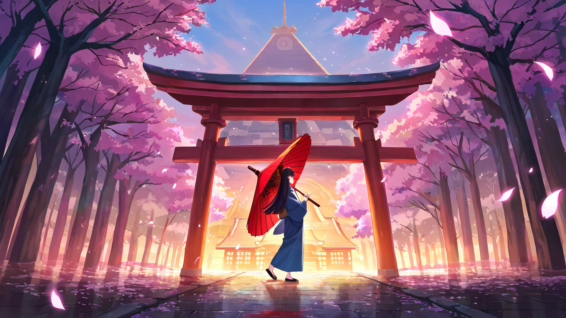 girl sakura umbrella lofi wallpaper