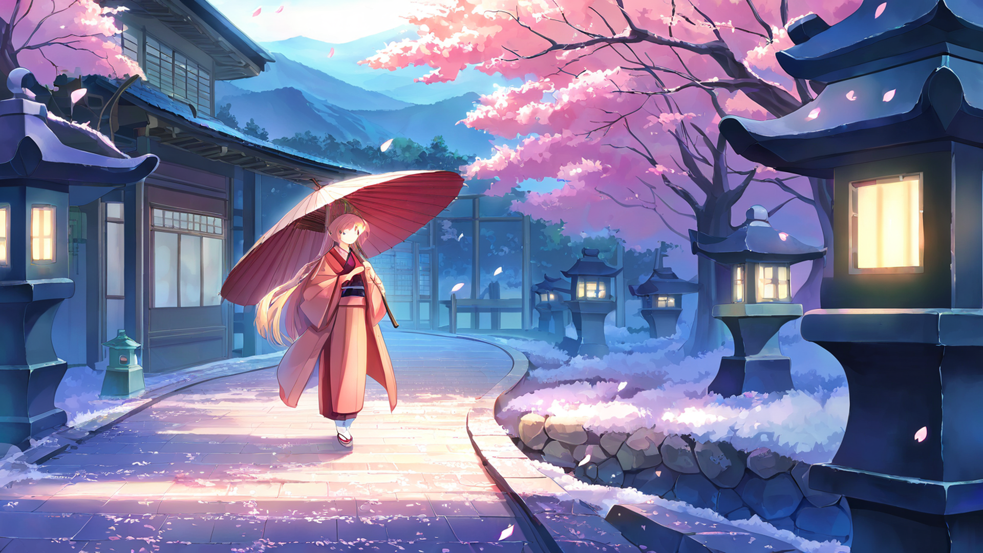 girl sakura umbrella lofi wallpaper