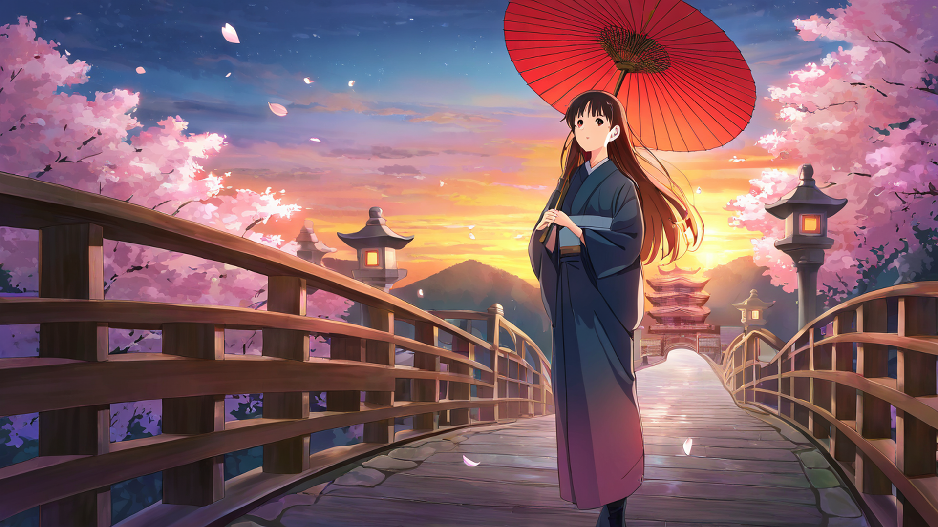 girl sakura umbrella lofi wallpaper