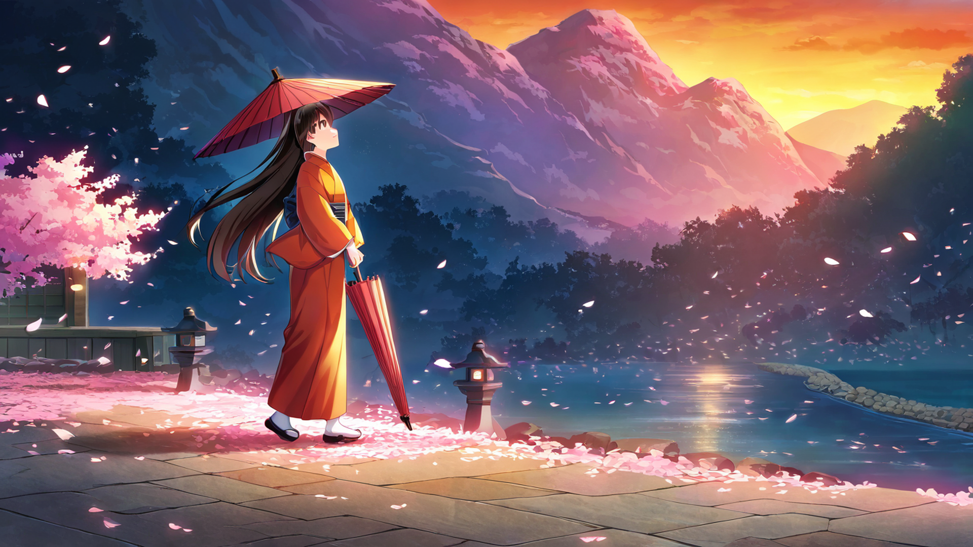 girl sakura umbrella lofi wallpaper