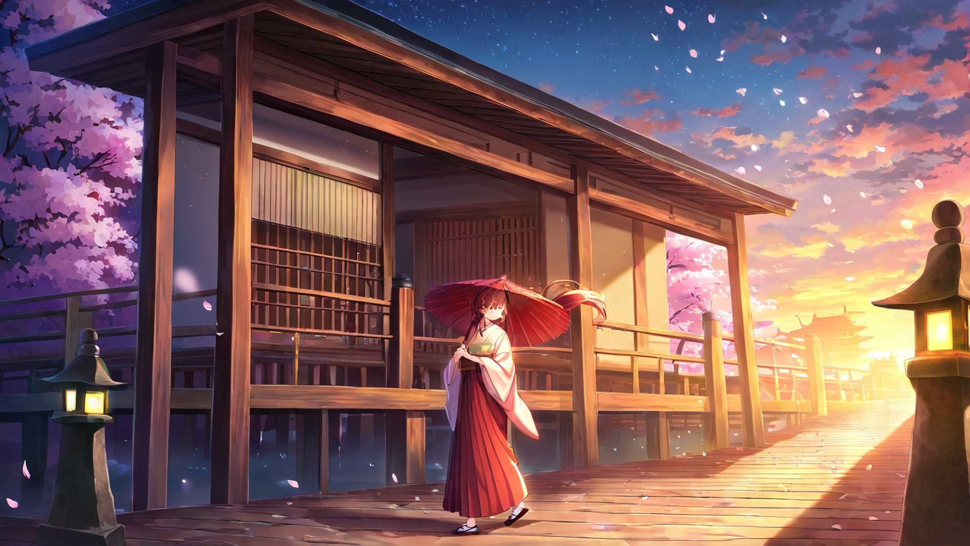 girl sakura umbrella lofi wallpaper