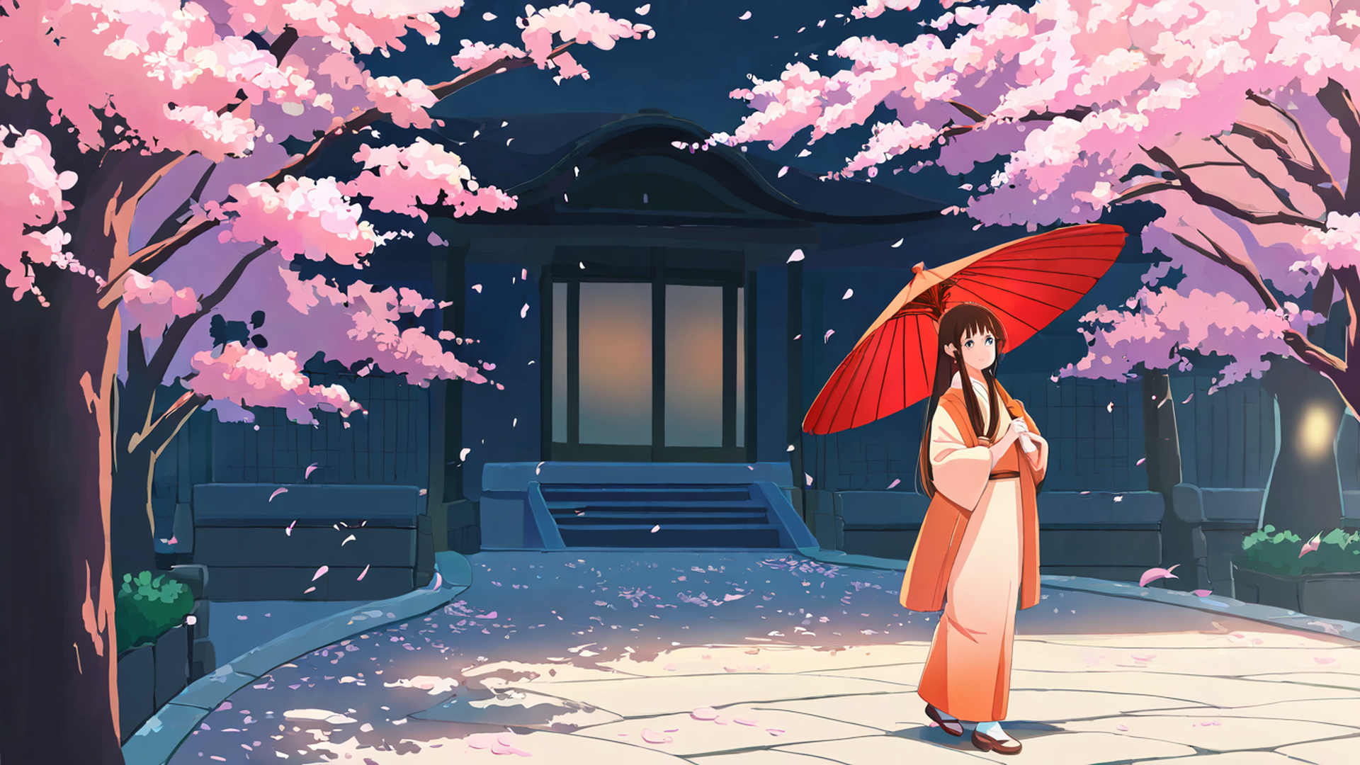 girl sakura umbrella lofi wallpaper