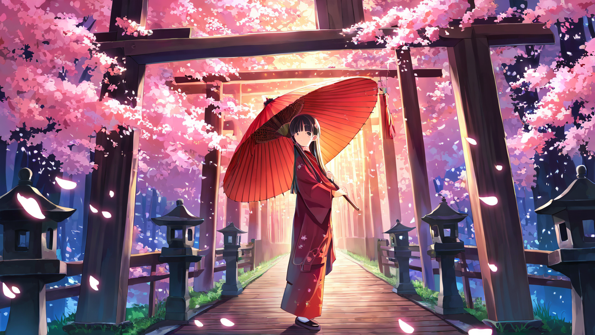 girl sakura umbrella lofi wallpaper