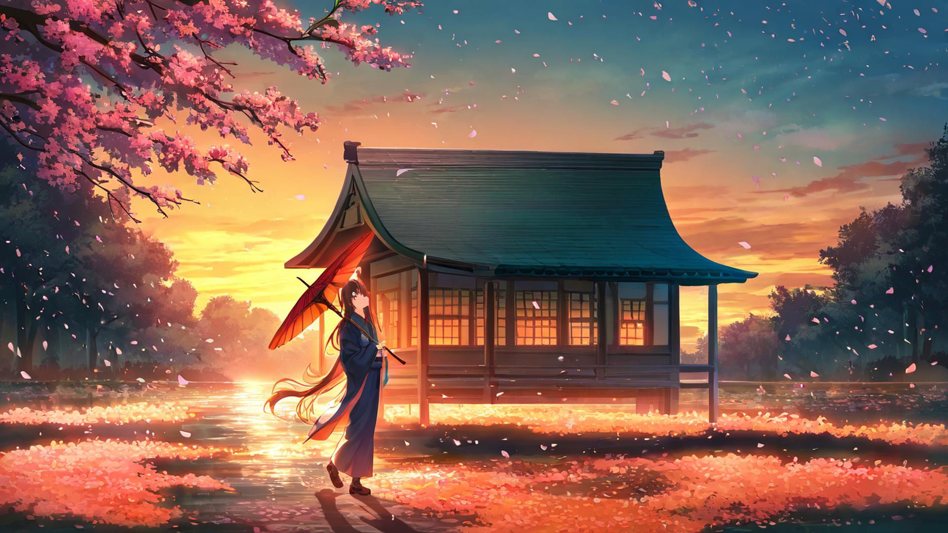 girl sakura umbrella lofi wallpaper