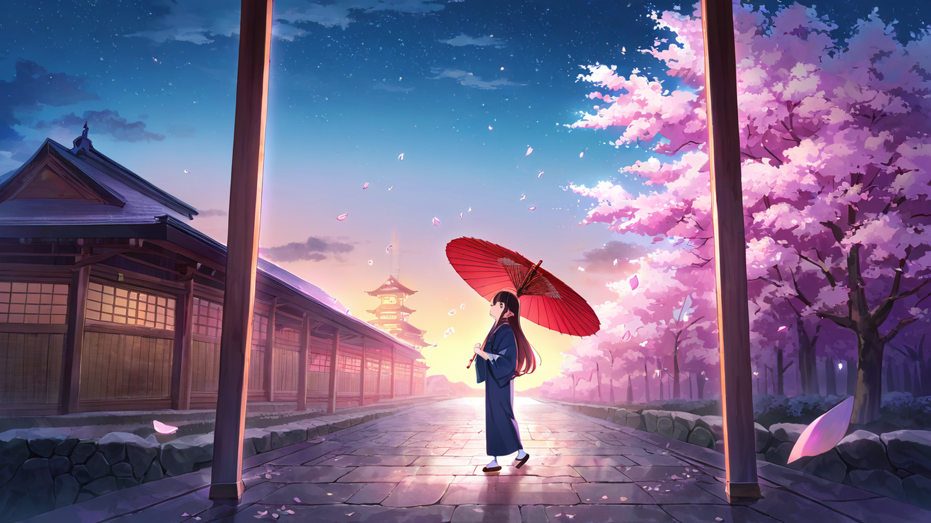 girl sakura umbrella lofi wallpaper