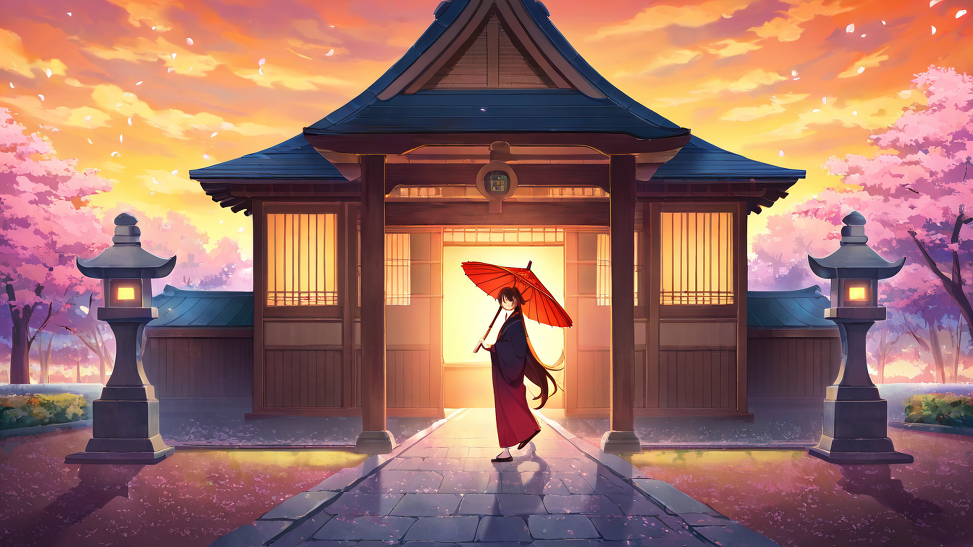 girl sakura umbrella lofi wallpaper