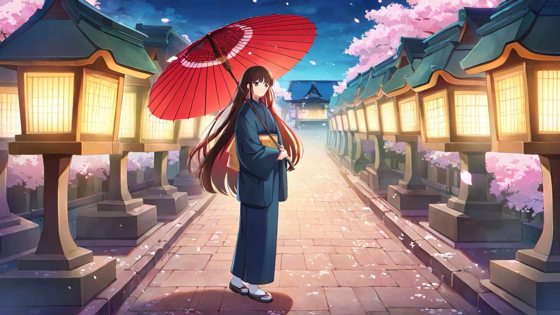 girl sakura umbrella lofi wallpaper