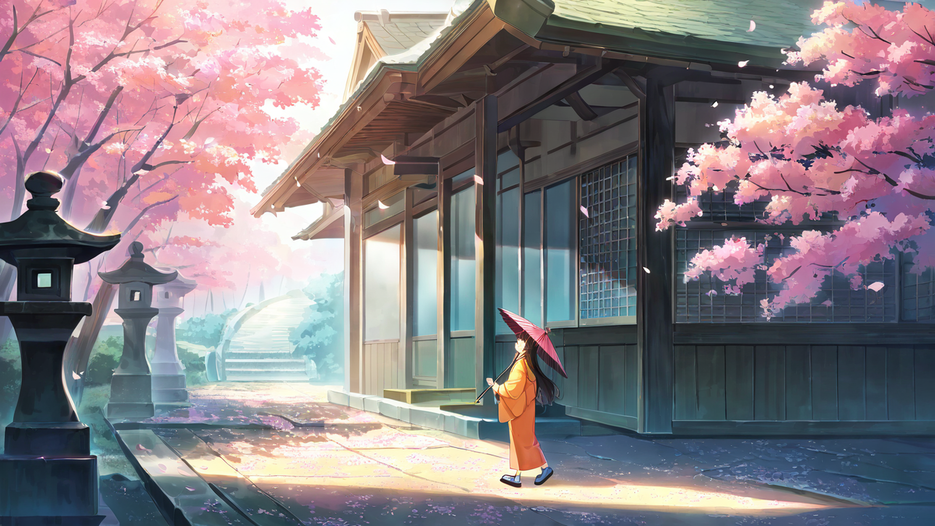 girl sakura umbrella lofi wallpaper