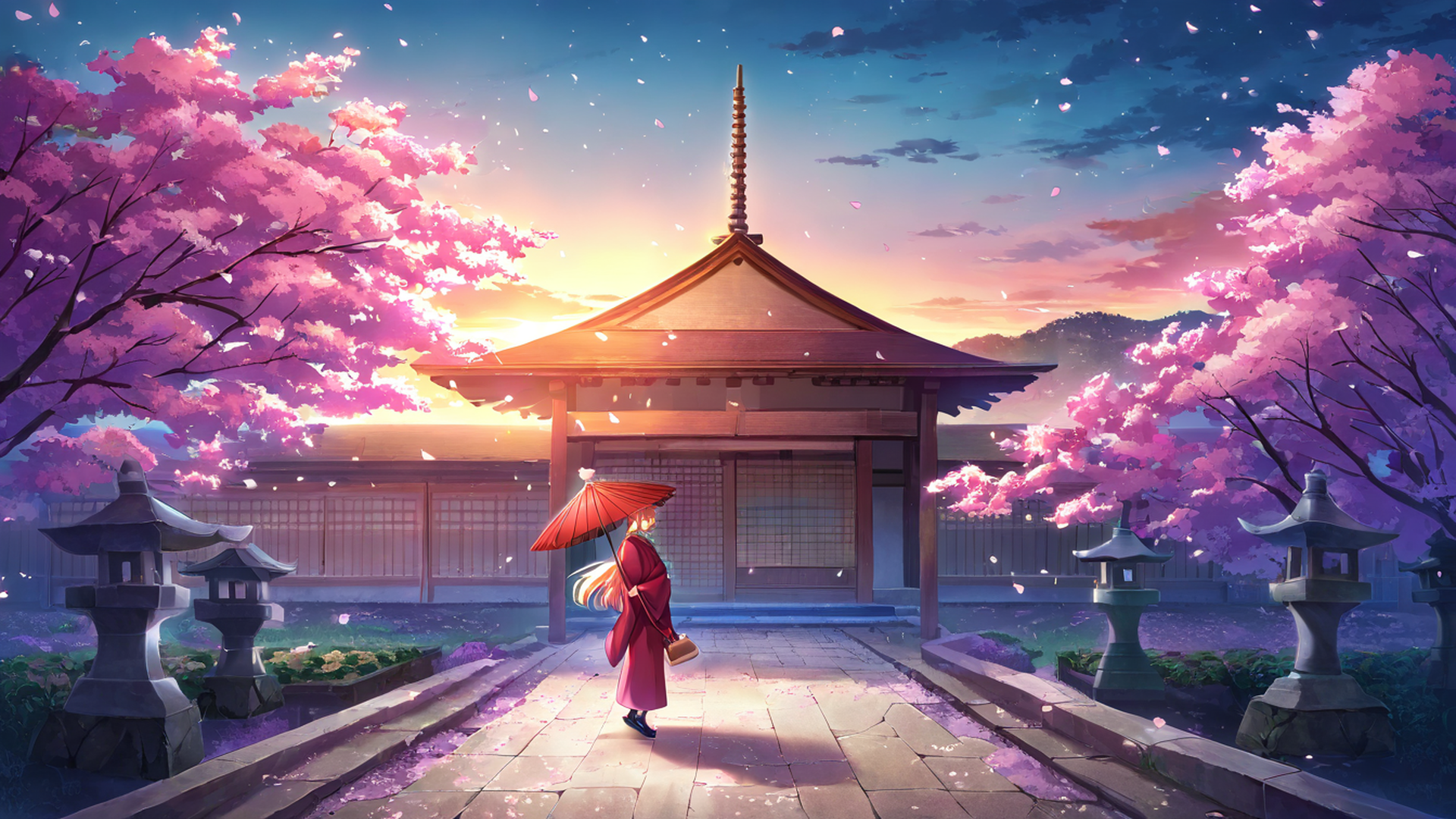 girl sakura umbrella lofi wallpaper