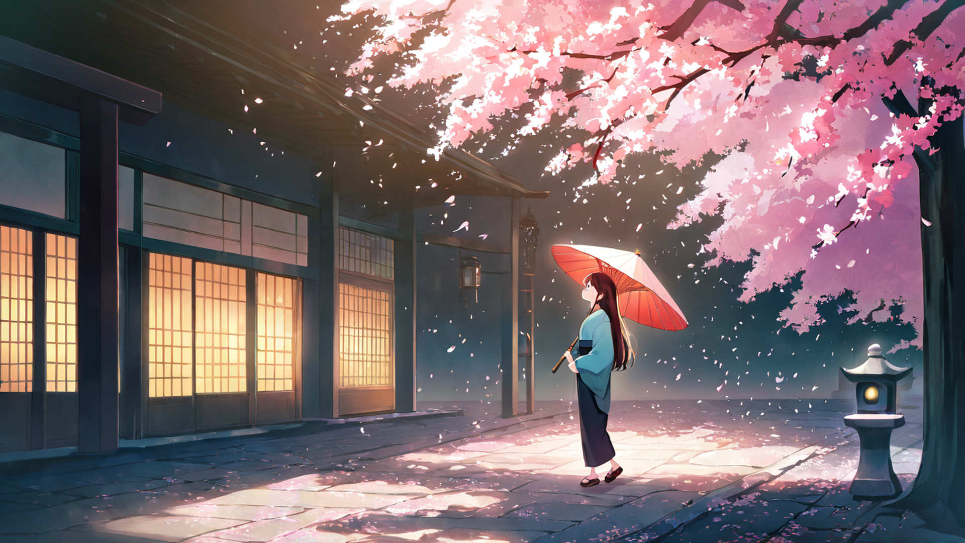 girl sakura umbrella lofi wallpaper