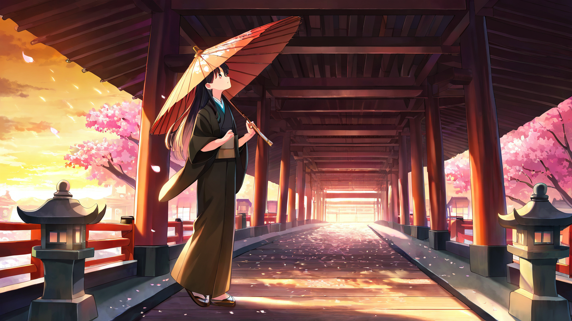 girl sakura umbrella lofi wallpaper