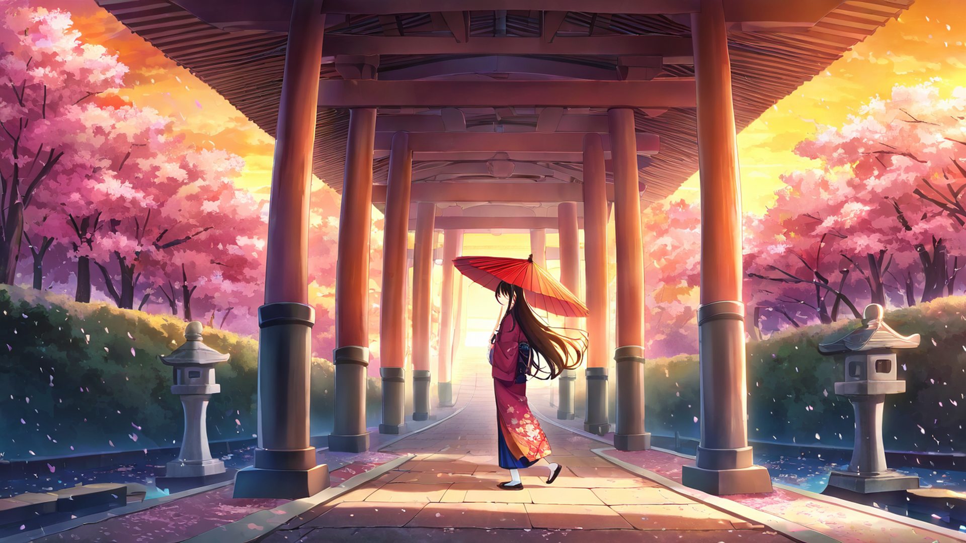 girl sakura umbrella lofi wallpaper