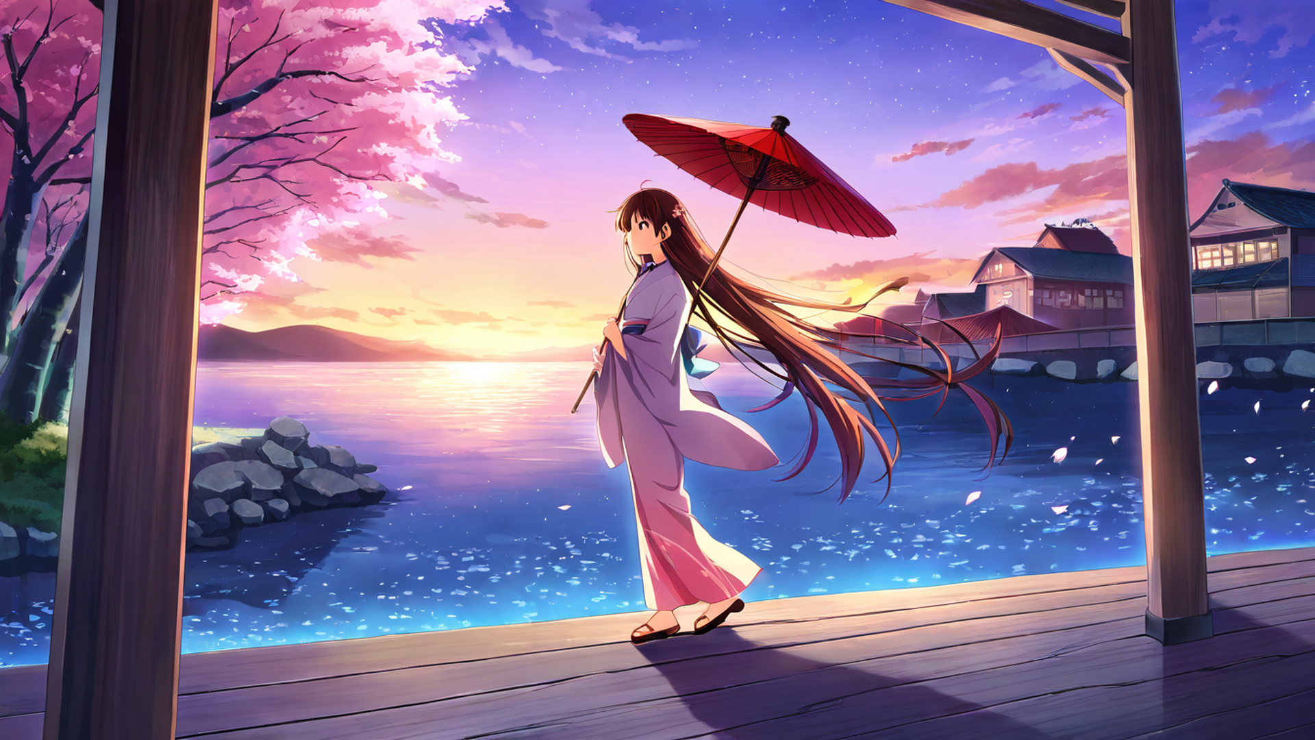 girl sakura umbrella lofi wallpaper