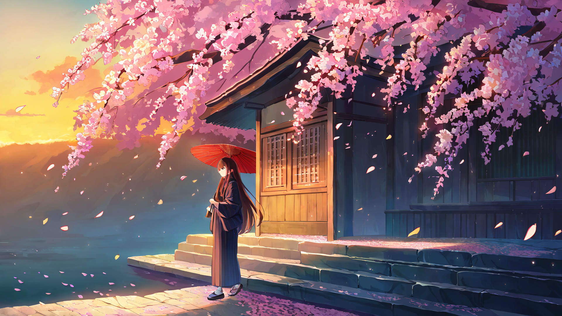 girl sakura umbrella lofi wallpaper
