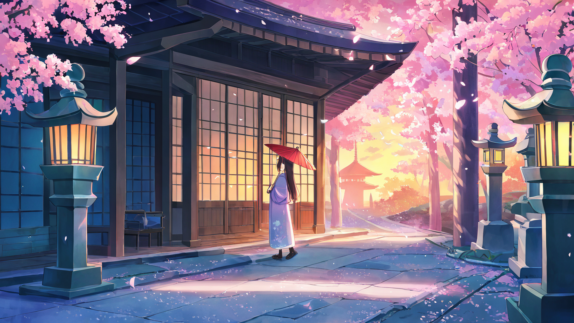 girl sakura umbrella lofi wallpaper
