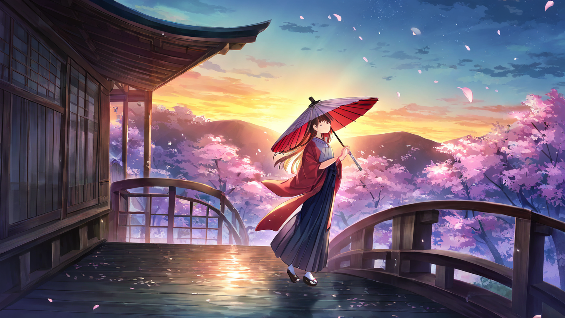 girl sakura umbrella lofi wallpaper