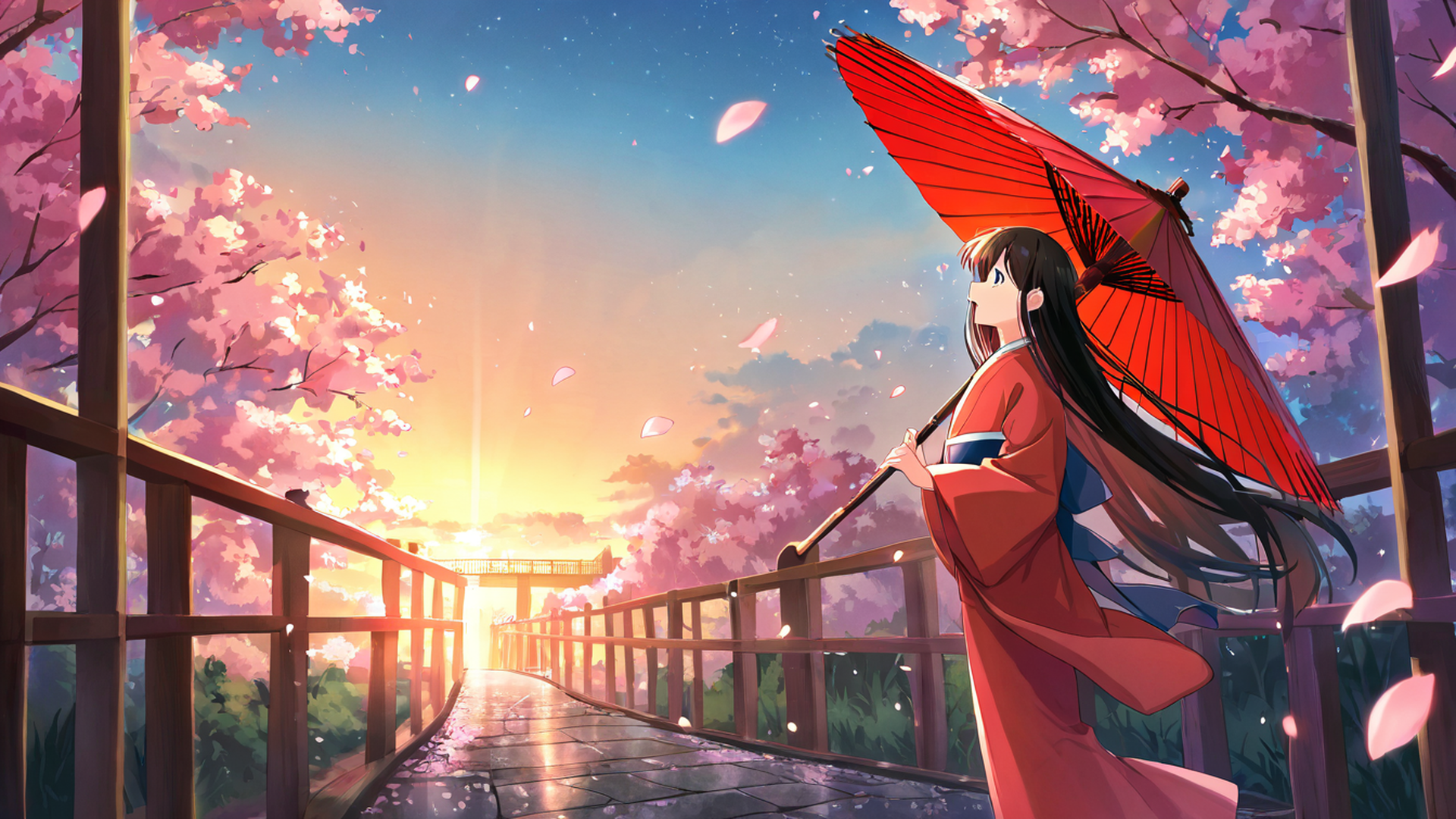 girl sakura umbrella lofi wallpaper