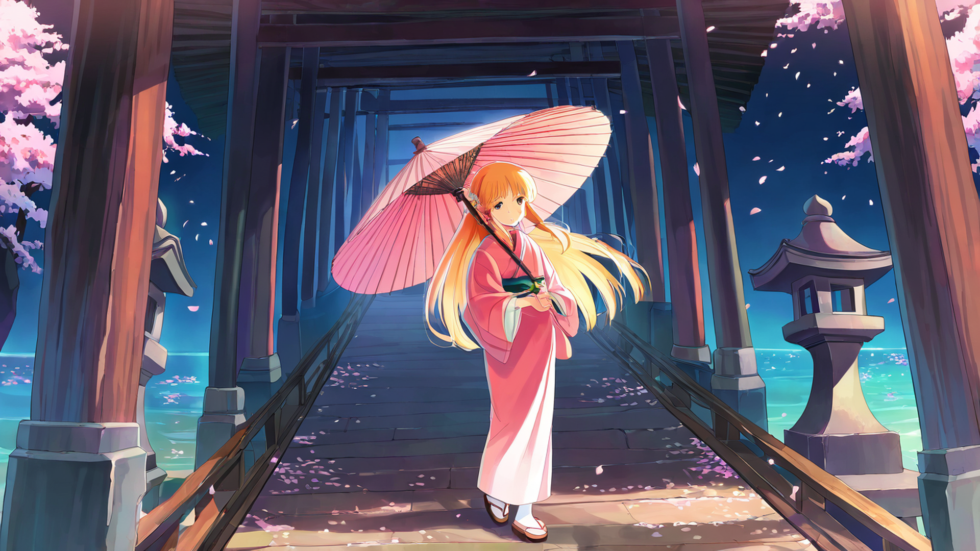 girl sakura umbrella lofi wallpaper