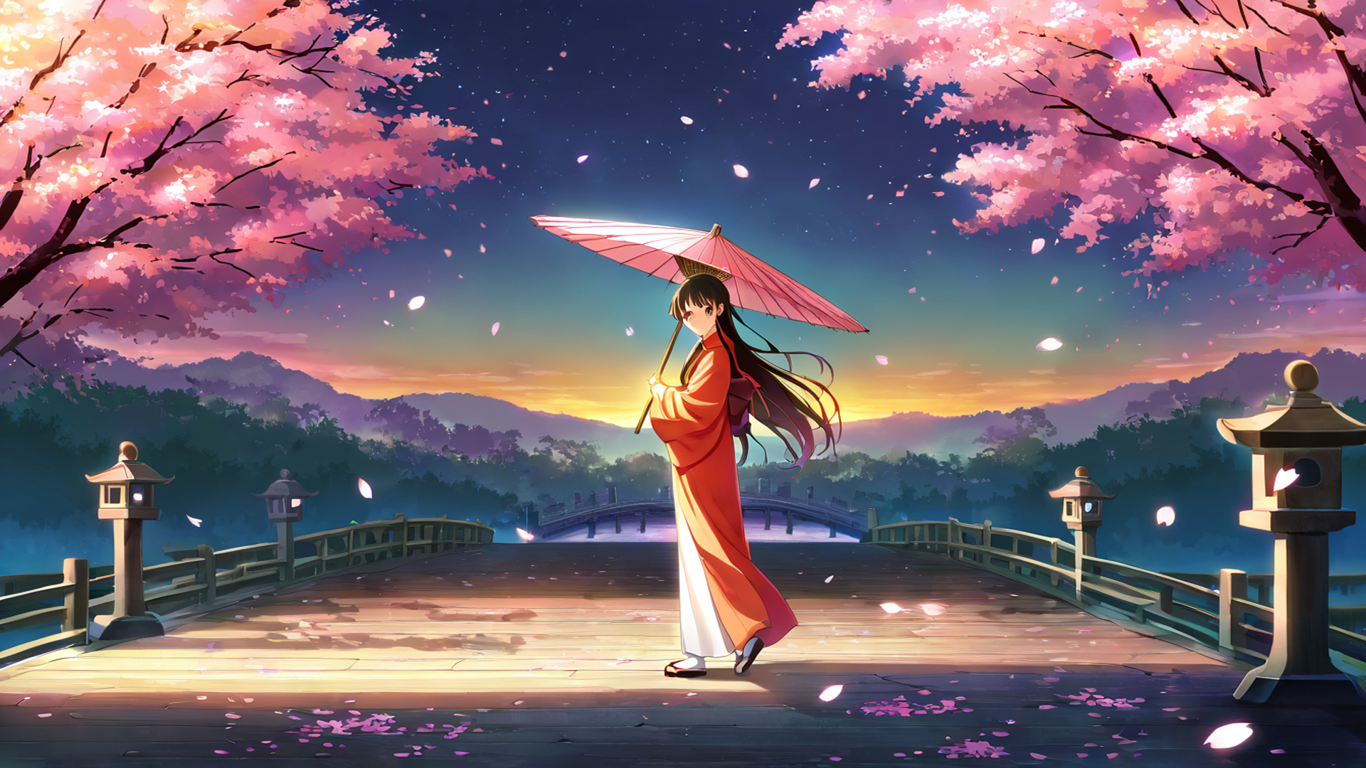 girl sakura umbrella lofi wallpaper