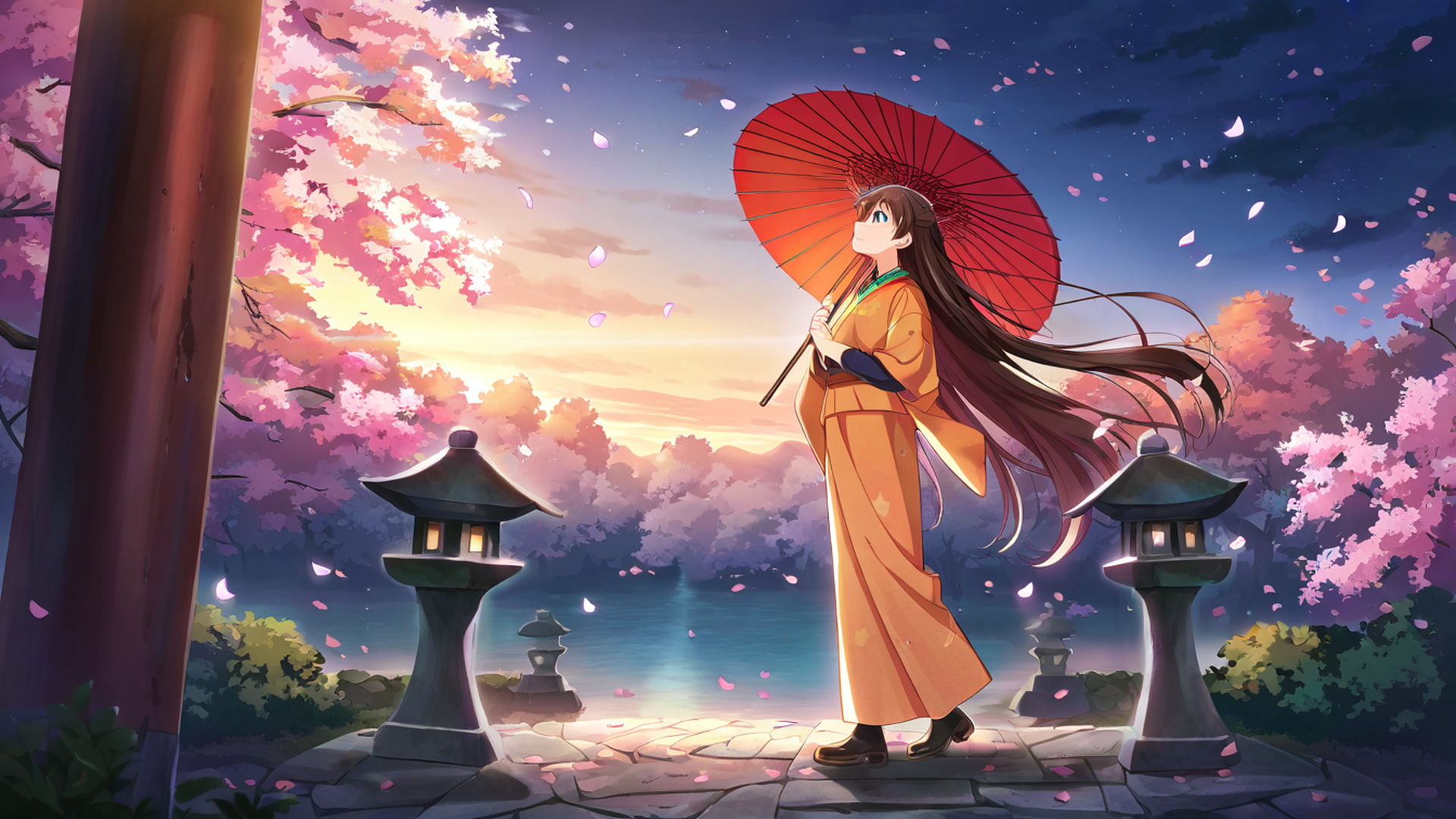 girl sakura umbrella lofi wallpaper