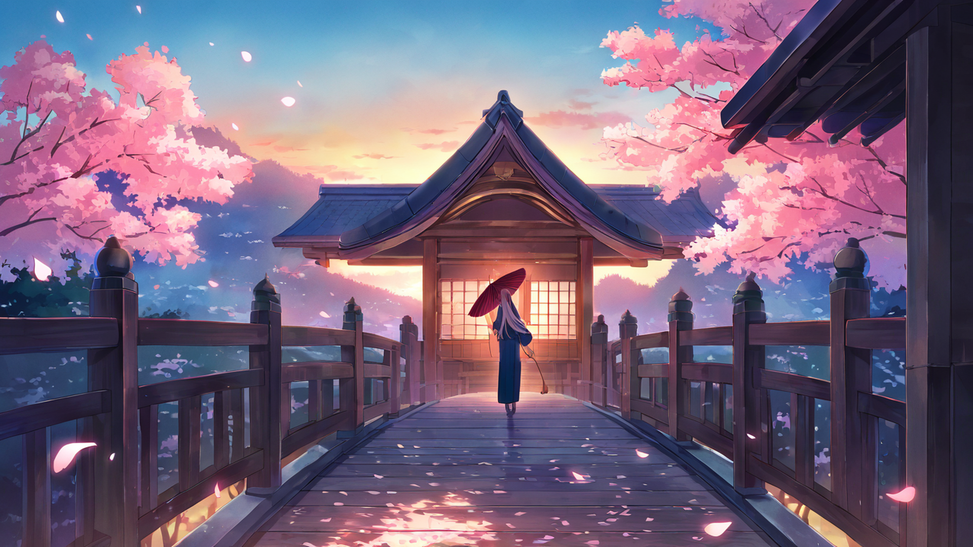 girl sakura umbrella lofi wallpaper