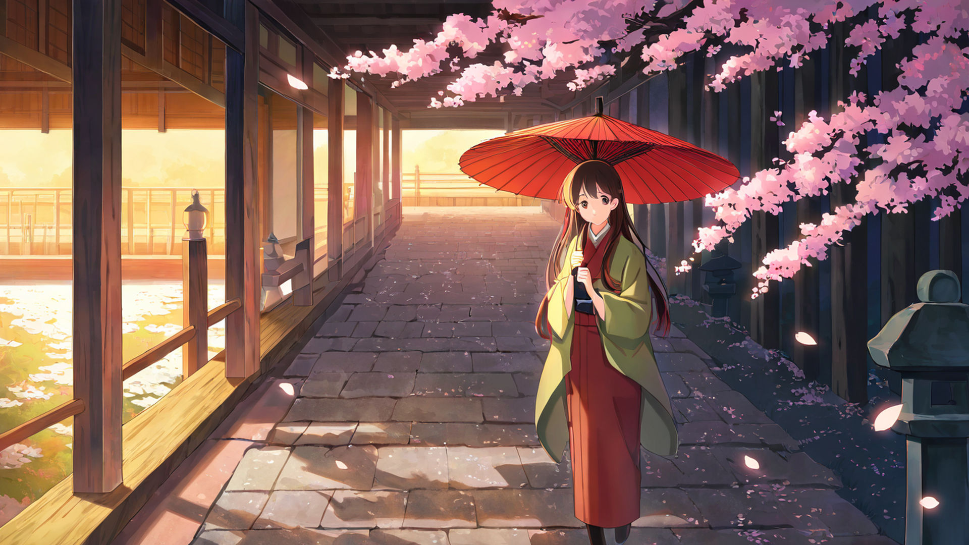 girl sakura umbrella lofi wallpaper
