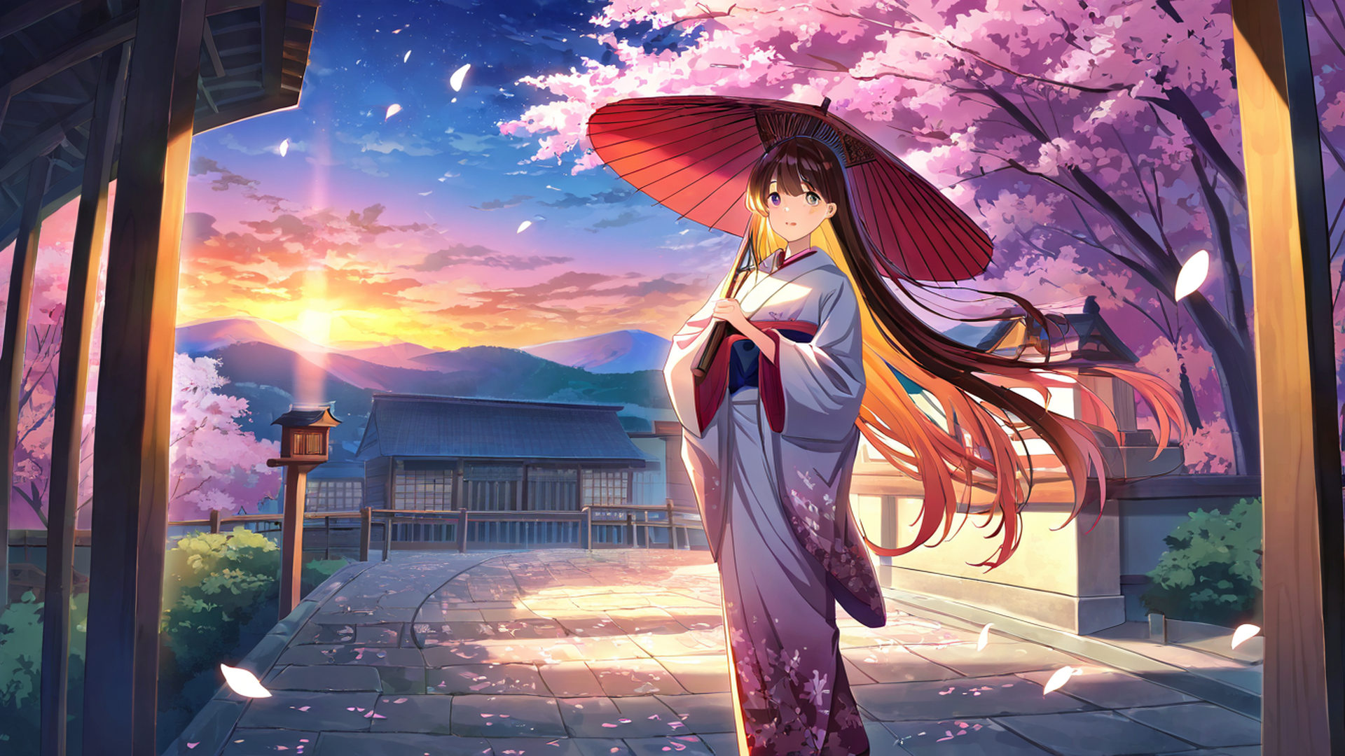 girl sakura umbrella lofi wallpaper