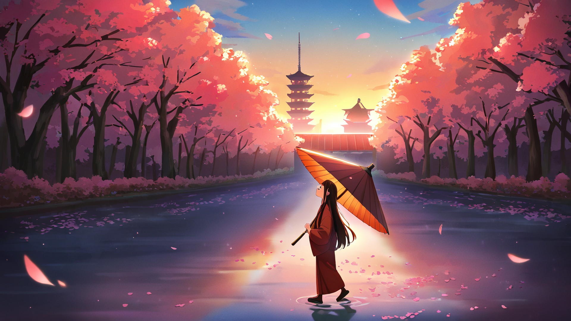girl sakura umbrella lofi wallpaper
