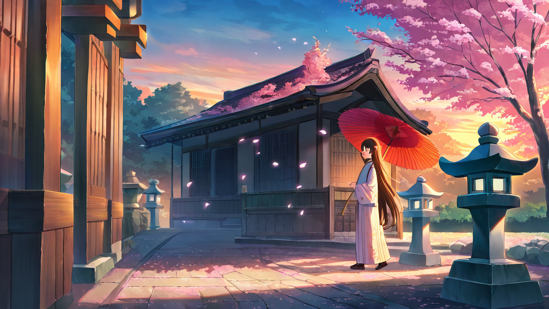 girl sakura umbrella lofi wallpaper