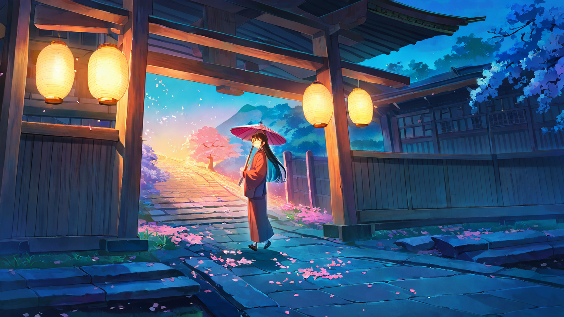 girl sakura umbrella lofi wallpaper