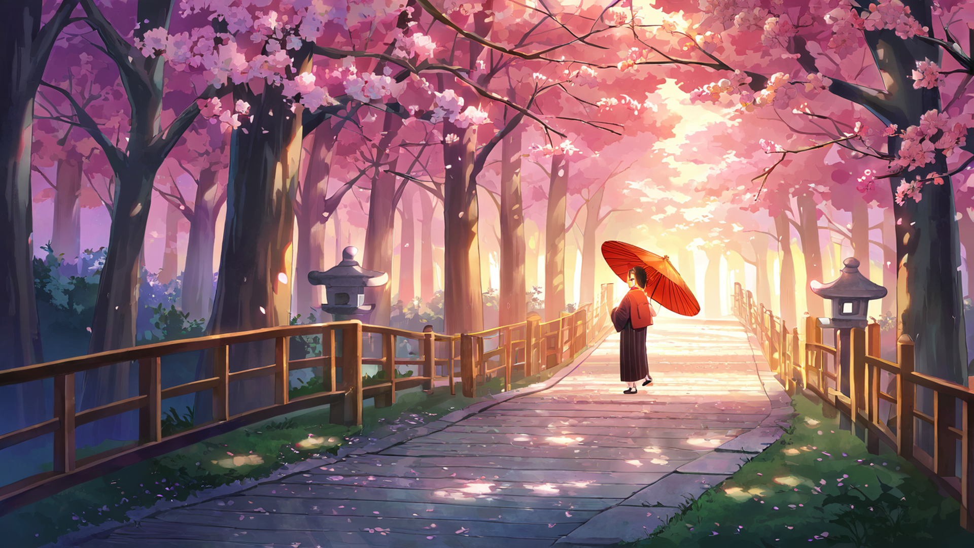girl sakura umbrella lofi wallpaper