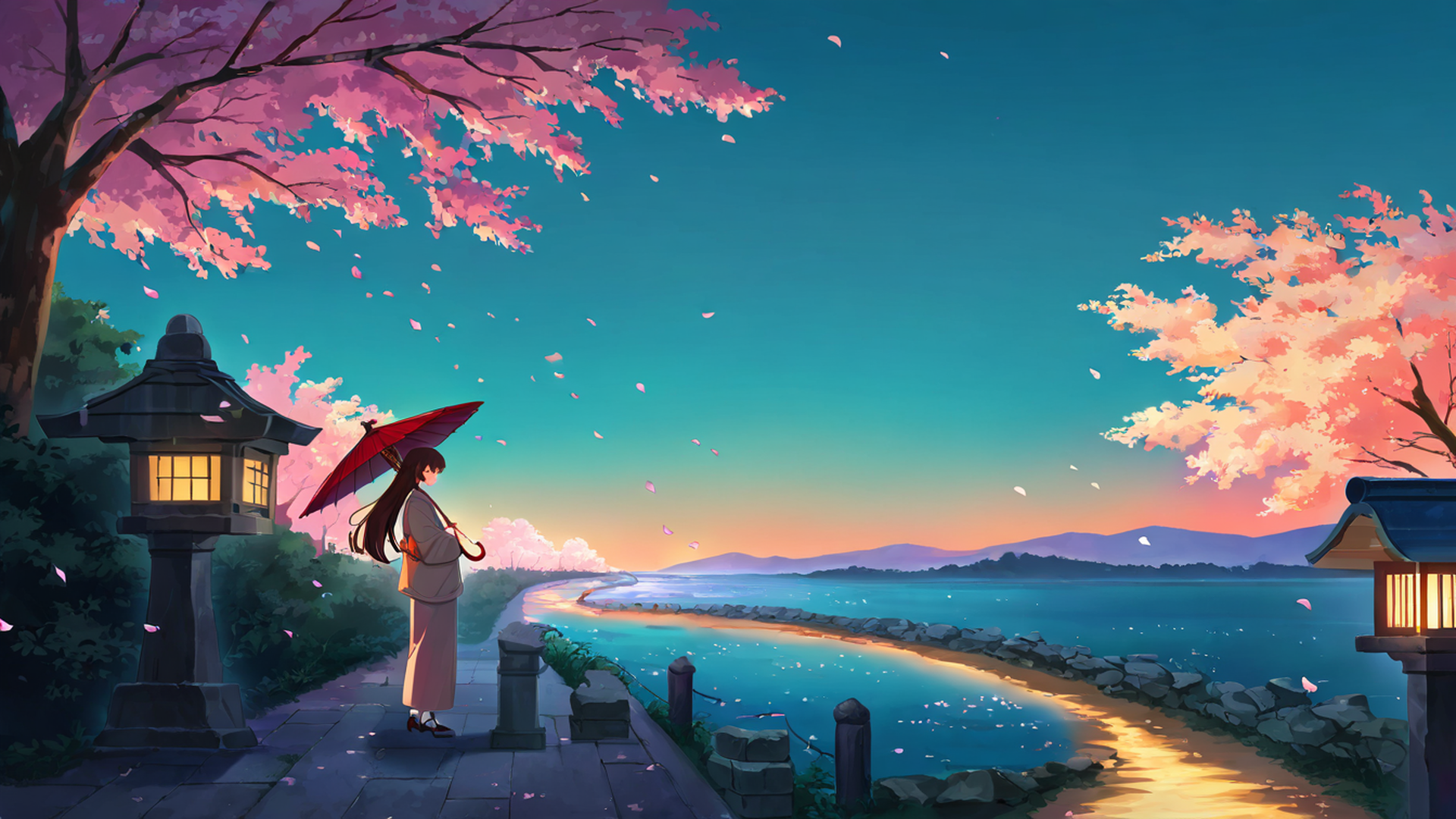 girl sakura umbrella lofi wallpaper