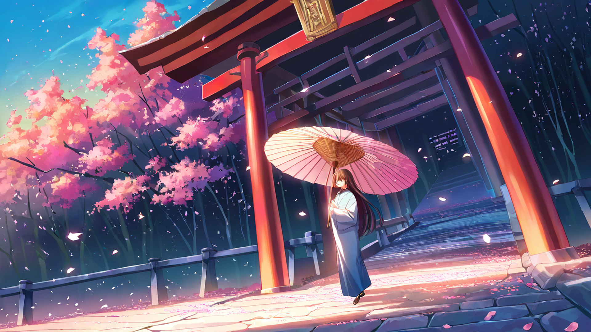 girl sakura umbrella lofi wallpaper