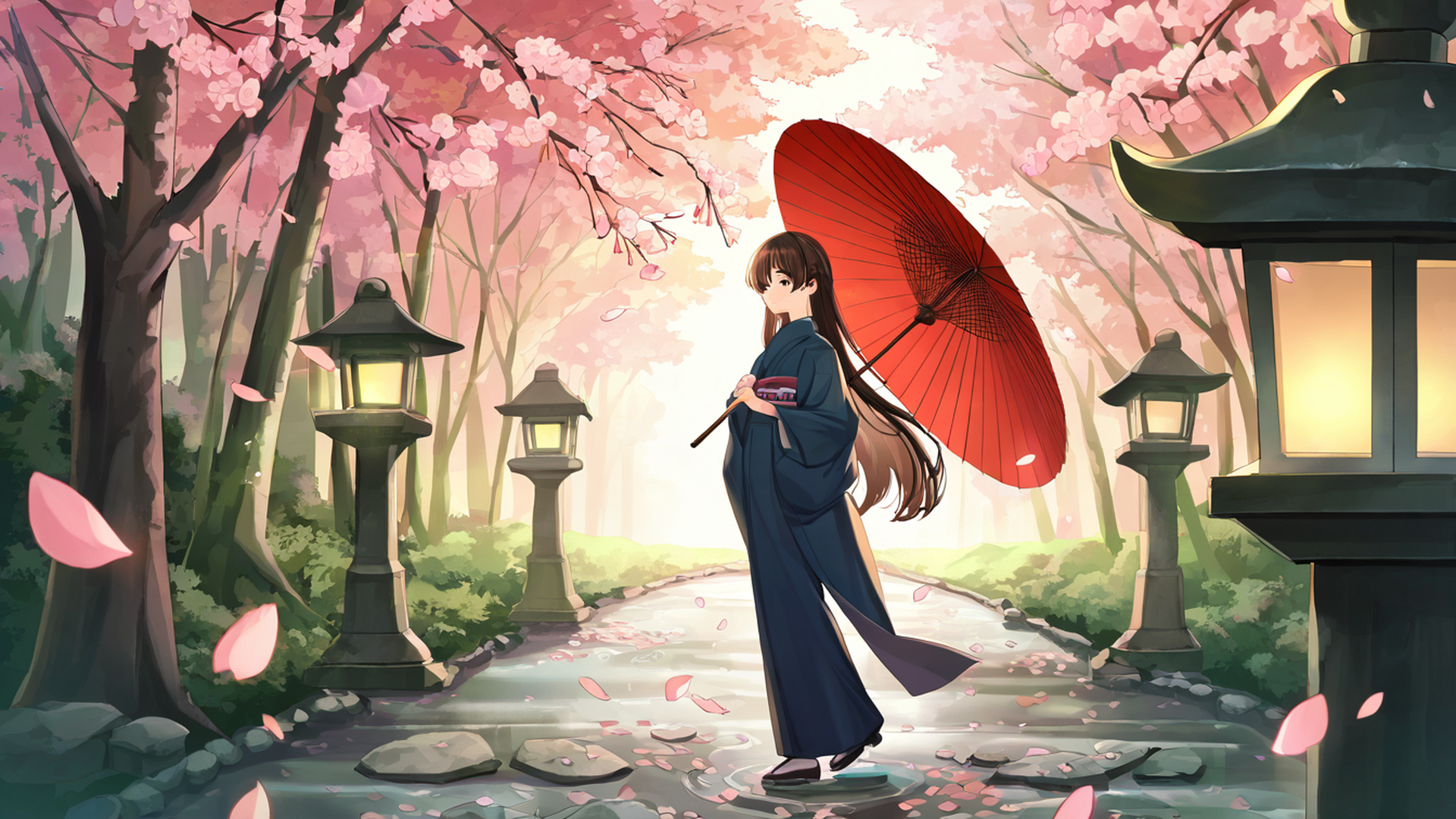 girl sakura umbrella lofi wallpaper