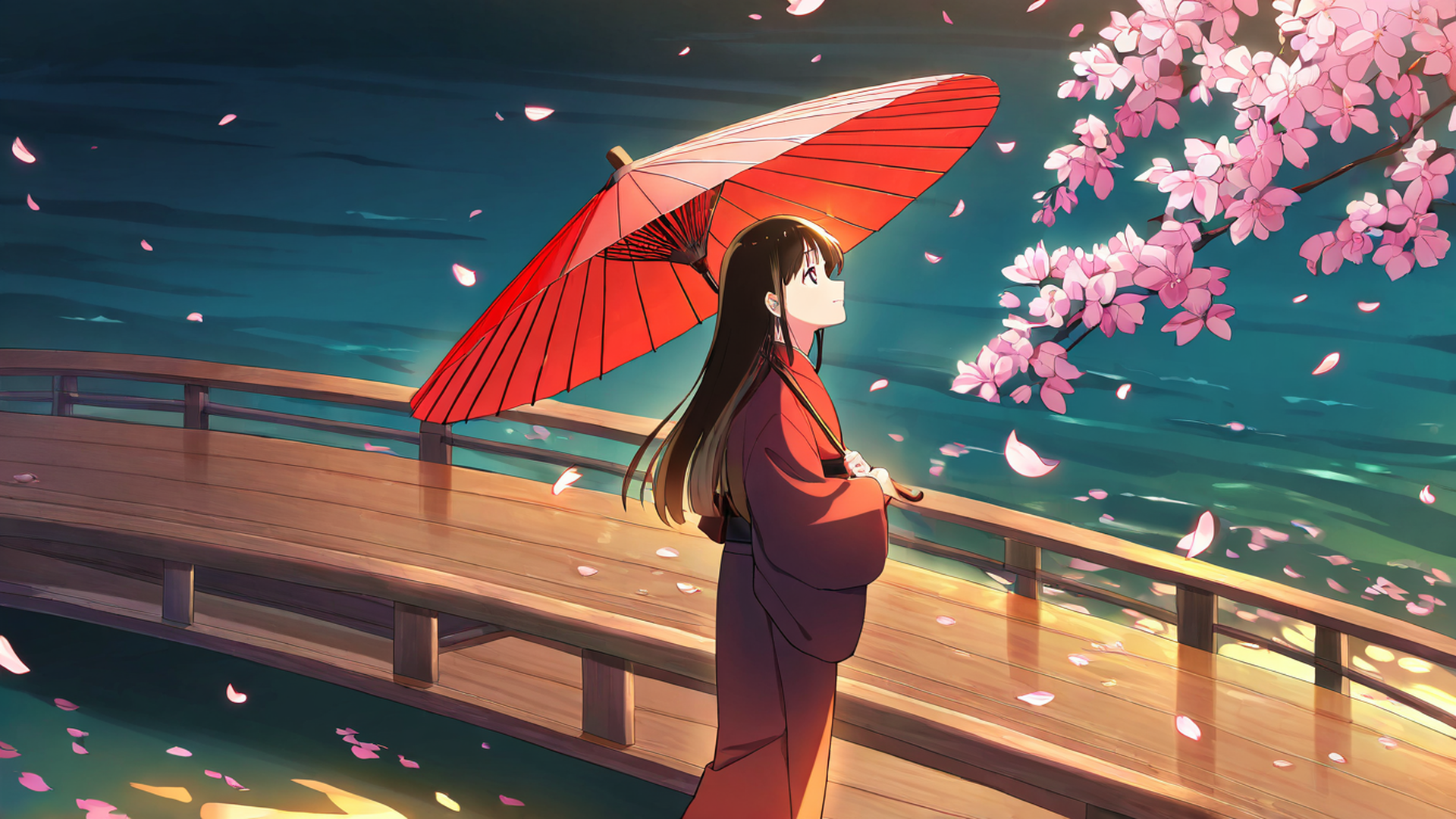 girl sakura umbrella lofi wallpaper