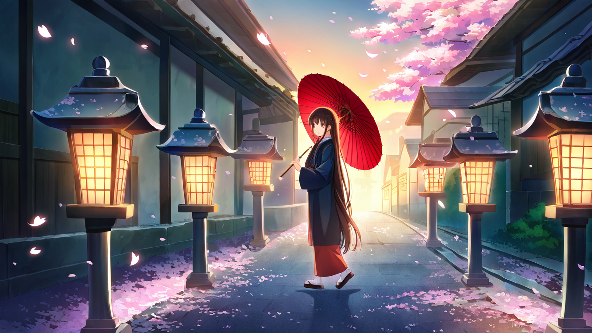 girl sakura umbrella lofi wallpaper