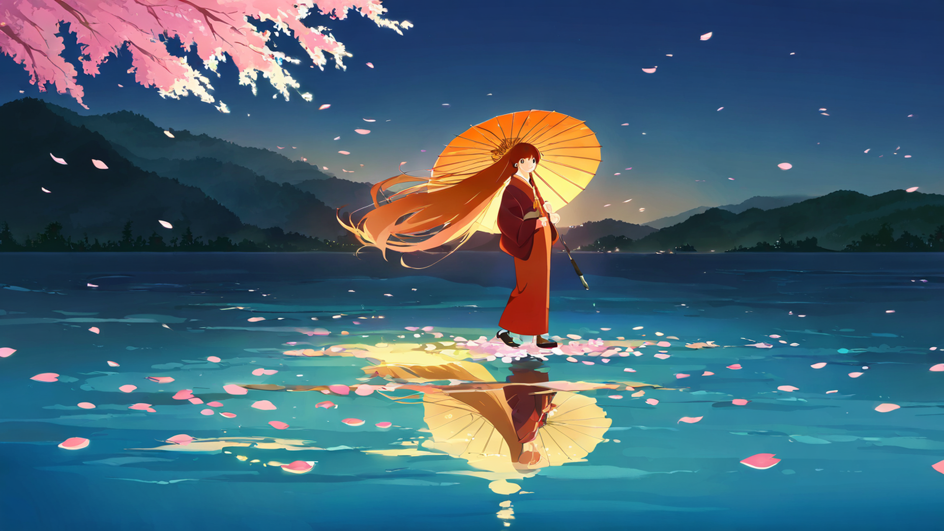 girl sakura umbrella lofi wallpaper