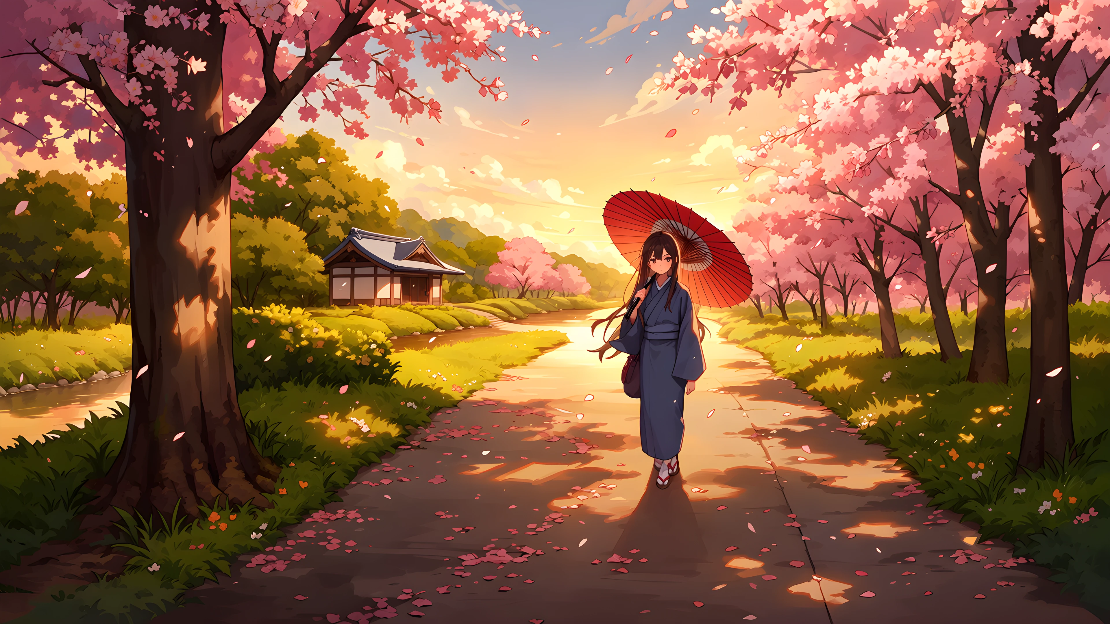 Girl Sakura Umbrella variant — Japanese aesthetic lofi wallpaper HD 4K Ultrawide