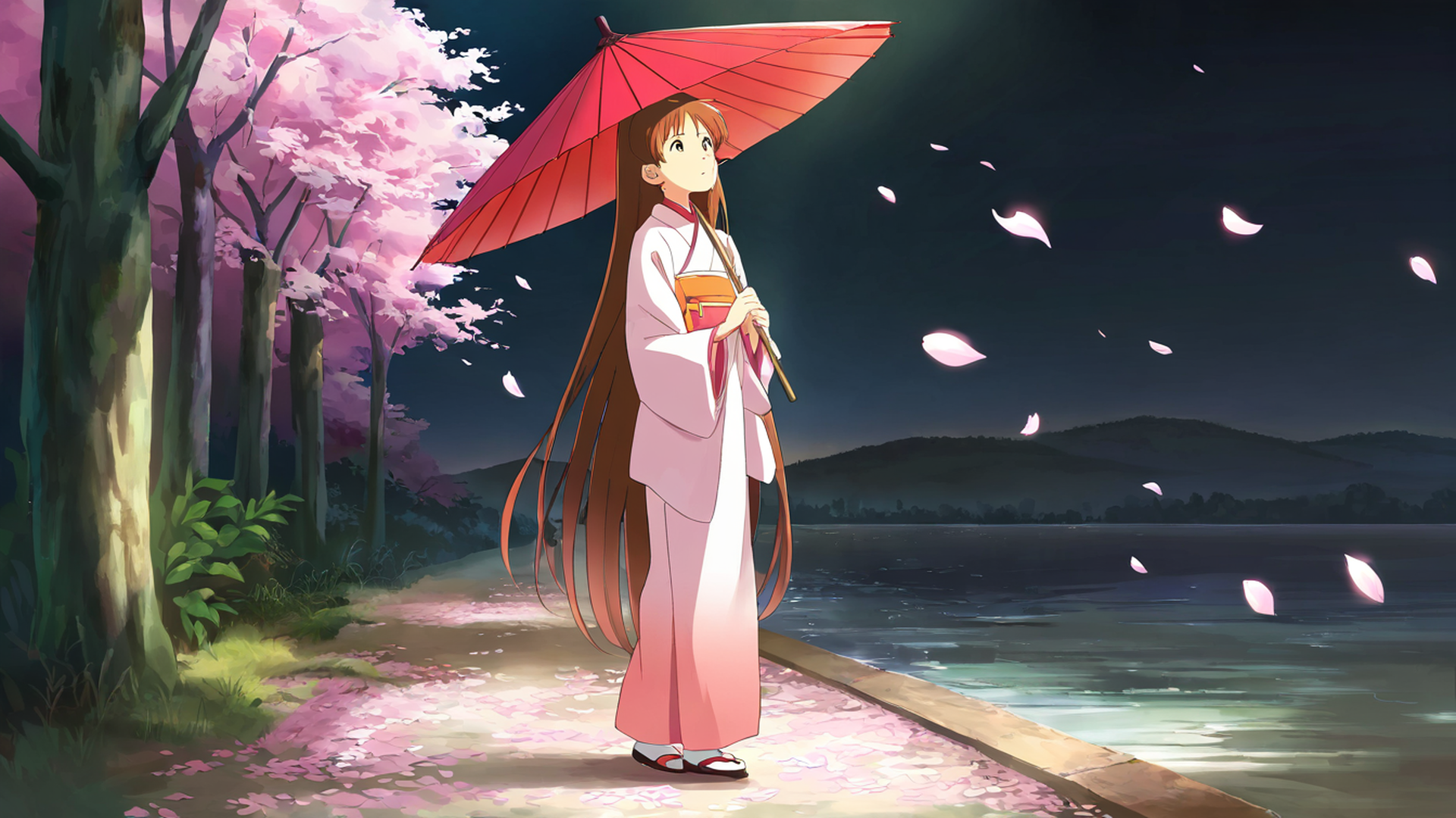 girl sakura umbrella lofi wallpaper