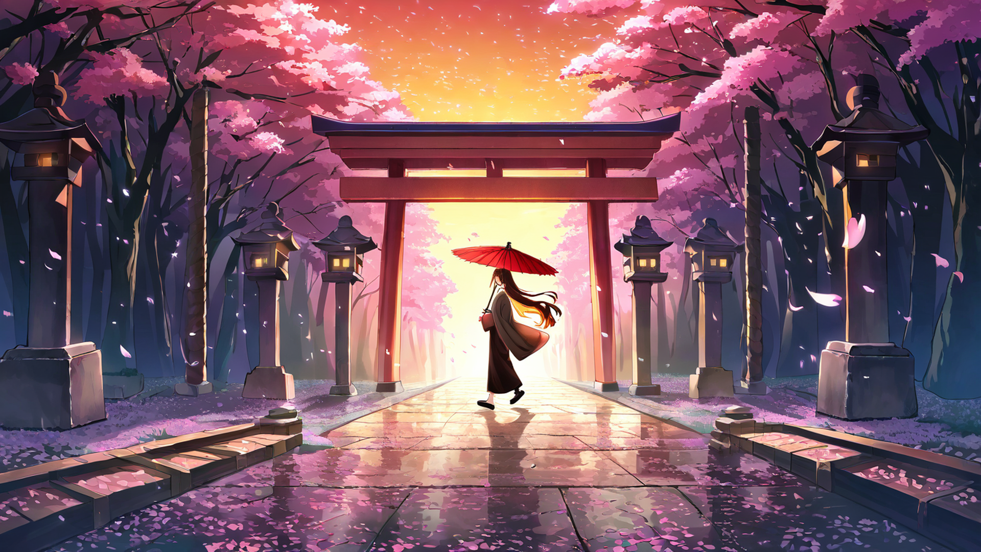 girl sakura umbrella lofi wallpaper