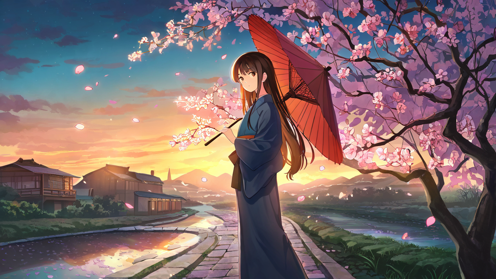 girl sakura umbrella lofi wallpaper