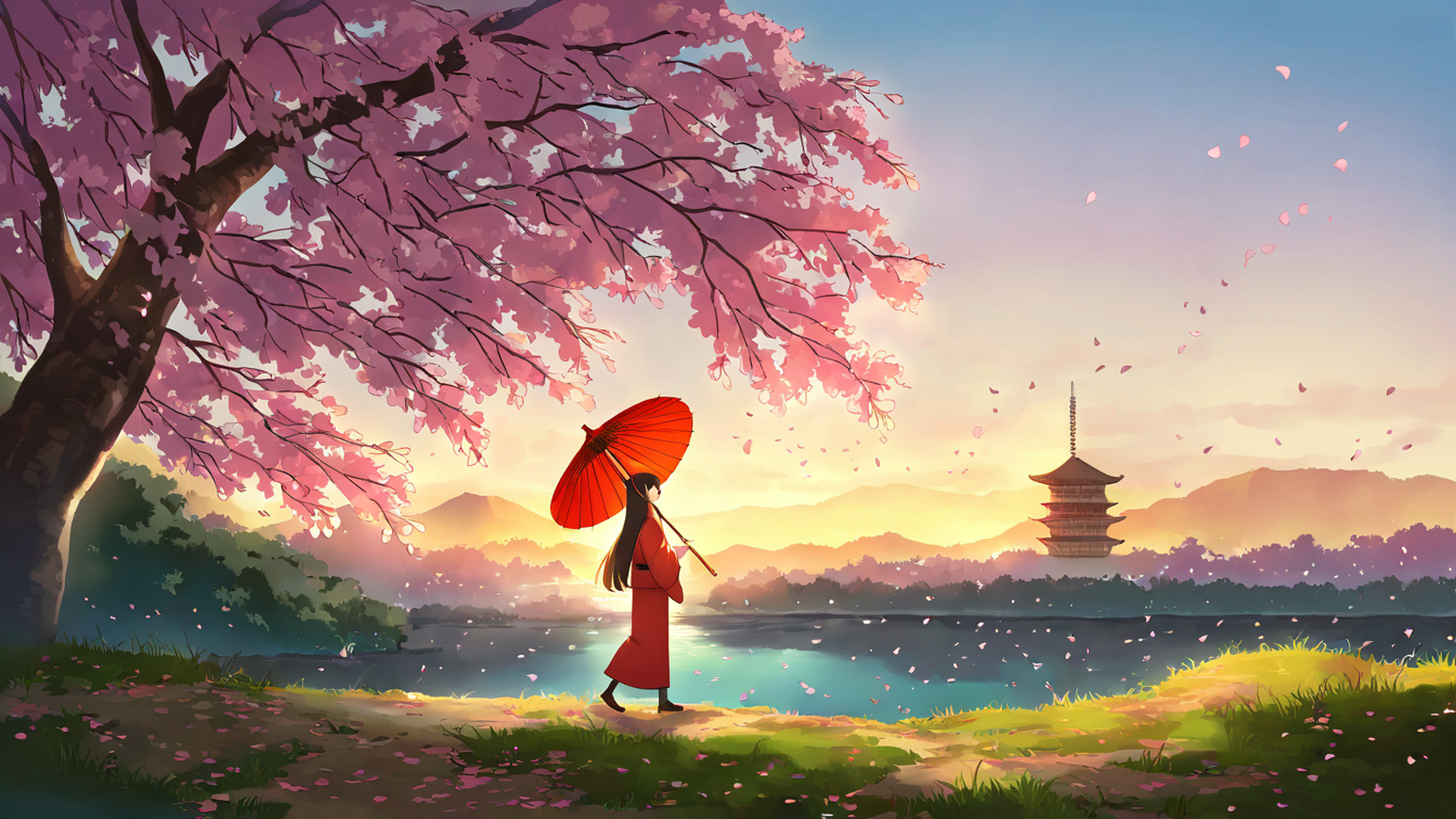 girl sakura umbrella lofi wallpaper