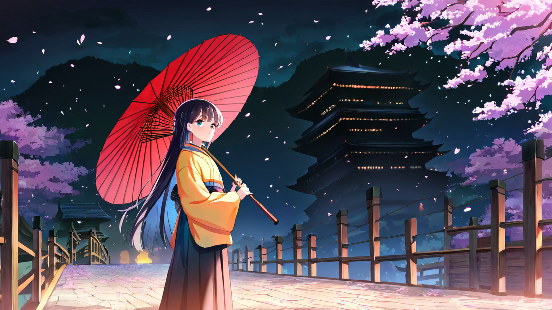 girl sakura umbrella lofi wallpaper