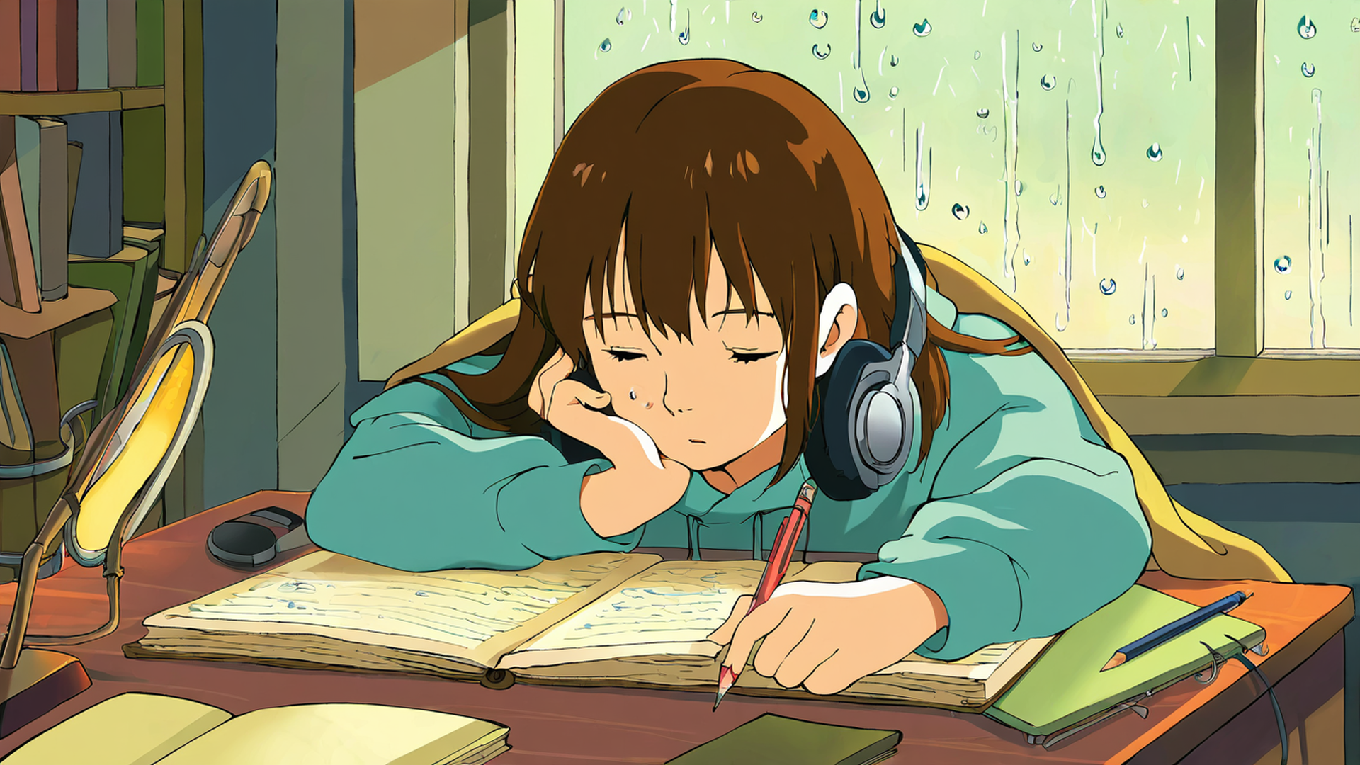 girl studying rainy window lofi wallpaper